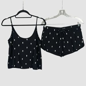 Vans Pineapple Skull Matching Set Black White Cami Tank Shorts XS S Skater Y2K